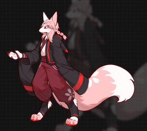 anthro black_clothing black_nose black_topwear bottomwear claws clothed clothing female fur hair mouth_closed pants pink_body pink_fur pink_hair pink_tail red_bottomwear red_claws red_clothing red_eyes red_pants simple_background solo standing tail three-quarter_view topwear unsigned white_body white_clothing white_fur white_tail white_topwear asnnonaka kitsugawa_sakura canid canine fox mammal full-length_portrait hi_res portrait nonbinary_(lore)