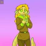 ambiguous_gender anthro bendy_straw blonde_hair clothed clothing drinking_straw food fruit green_eyes hair lemon membrane_(anatomy) plant solo webbed_hands yellow_body foxenawolf isla_aukate darnathi 1:1