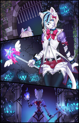 anthro arm_tattoo blonde_hair blue_eyes blue_hair bottomwear bow_(feature) bow_ribbon cheek_stripes clothed clothing collar comic_panel cosplay cuff_(restraint) facial_markings femboy fur gloves grey_stripes hair handwear head_markings legwear looking_at_viewer magical_girl_outfit male markings multicolored_hair nose_stripe nose_stripes restraints shorts solo stockings striped_body striped_fur striped_markings stripes tail tattoo topwear wand white_body white_fur mierumonaru linklynx link_(linklynx) felid mammal pantherine tiger comic digital_media_(artwork) hi_res