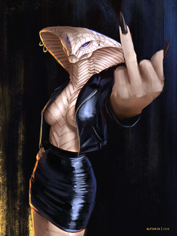 anthro apode bottomwear breasts clothed clothing female furgonomic_piercing furgonomics jacket leather leather_clothing leather_jacket leather_topwear legless looking_at_viewer non-mammal_breasts piercing ring_piercing scales serpentine simple_background snake_hood snake_hood_piercing solo topwear ventral_scales white_body alytarch x-com xcom_(franchise) fan_character tay_(thisisarealaccount) alien draconcopode naga reptile scalie snake viper_(x-com) 3:4 absurd_res digital_drawing_(artwork) digital_media_(artwork) digital_painting_(artwork) hi_res painting_(artwork) portrait