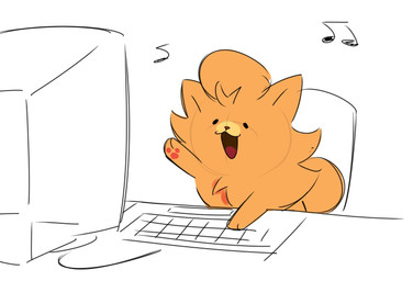 alternate_species ambiguous_gender chair computer electronics feral fluffy fur furniture head_tuft keyboard musical_note musical_symbol open_mouth open_smile orange_body orange_fur pawpads quadruped red_pawpads simple_background smile solo symbol three-quarter_view tuft typing white_background fafameow nintendo pokemon undertale_(series) annoying_dog_(undertale) canid canine generation_10_pokemon mammal pokemon_(species) pombon 2026 crossover digital_drawing_(artwork) digital_media_(artwork) english_description guide_lines