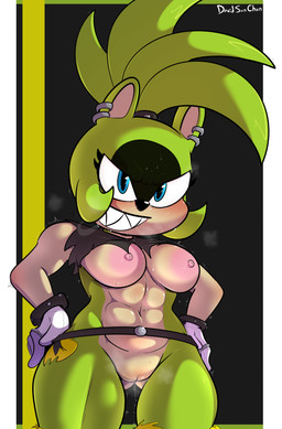 abs anthro areola belt big_breasts black_body black_fur black_nose blue_eyes blush blush_lines bodily_fluids bracelet breasts butt butt_from_the_front clothing ear_piercing eyelashes female front_view fur genitals gloves green_body green_fur hand_on_hip handwear jewelry looking_at_viewer musk navel nipples nude piercing pink_areola pink_nipples ring sharp_teeth smile solo studded_bracelet studded_jewelry studs sweat sweatdrop tan_body tan_fur teeth thick_thighs vulva white_clothing white_gloves white_handwear wide_hips davidsanchan idw_publishing sega sonic_the_hedgehog_(comics) sonic_the_hedgehog_(idw) sonic_the_hedgehog_(series) surge_the_tenrec afrosoricid mammal tenrec absurd_res hi_res
