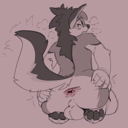 anthro anus backsack balls biped blush breath butt claws fur genitals kneeling male nude presenting presenting_anus presenting_hindquarters rear_view solo spread_butt spreading tail zappydoesart canid canine canis mammal wolf absurd_res hi_res
