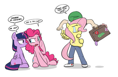 blue_eyes bodily_fluids crying cutie_mark dialogue ellipsis feathered_wings feathers female feral group hair hooves horn hug leg_wrap male pink_hair purple_eyes question_mark simple_background sitting standing suitcase tears text underhoof white_background wings shoutingisfun friendship_is_magic hasbro my_little_pony mythology anon fluttershy_(mlp) pinkie_pie_(mlp) twilight_sparkle_(mlp) earth_pony equid equine horse human mammal mythological_creature mythological_equine pegasus pony winged_unicorn 2016 english_text