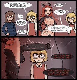 areola balls bedroom_eyes big_balls big_penis black_body black_scales blonde_hair breasts brown_hair clothing collared_shirt curved_horn dialogue dress_shirt erection eyewear femboy ftg_transformation fti_transformation gender_transformation genitals glasses gynomorph gynomorph/male hair half-closed_eyes horn humanoid_genitalia humanoid_penis humor imminent_sex intersex intersex/male male narrowed_eyes nervous nipples penis pink_areola pink_nipples scales seductive shirt smile smirk smug smug_face speech_bubble sweater sweater_vest text topwear transformation vein veiny_penis vest red7cat futa_fucks_femboys horny_capybara_studios leia_(futa_fucks_femboys) alien alien_humanoid demon demon_humanoid human humanoid mammal comic english_text