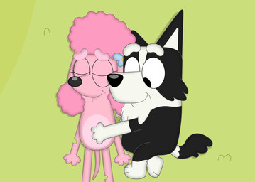 accessory anthro belly_rub black_body black_fur chest_tuft duo female fur gloves_(marking) grass hair_accessory leg_markings lying male markings multicolored_body multicolored_fur on_back on_grass on_ground on_side outside pink_body pink_fur plant puffy_hair relaxing shaved_fur socks_(marking) tuft two_tone_body two_tone_fur white_body white_fur young young_anthro young_female young_male porygon2z bluey_(series) coco_(bluey) mackenzie_(bluey) border_collie canid canine canis collie domestic_dog herding_dog mammal pastoral_dog poodle sheepdog absurd_res hi_res shaded