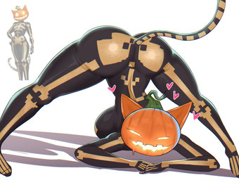 anthro ass_up big_breasts big_butt black_bodysuit black_clothing black_skinsuit bodysuit breasts butt clothing female food for_a_head front_view fruit heart_symbol jack-o'-lantern jack-o'_pose looking_at_viewer plant pose pumpkin simple_background skeleton_costume skinsuit solo thick_thighs tight_clothing white_background wide_hips fizzill epic_games fortnite spice_(fortnite) domestic_cat felid feline felis mammal object_head hi_res