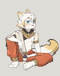 anthro arm_on_knee armband balls blue_eyes blush bottomwear chastity_cage chastity_device clothing crotchless_bottomwear crotchless_clothing crotchless_pants flat_chastity_cage fur genitals hair half-closed_eyes kemono male narrowed_eyes naughty_face pants raised_head shota simple_background sitting smile solo tongue tongue_out white_body white_fur white_hair young yanrwolf canid canine fox mammal 4:5 absurd_res hi_res