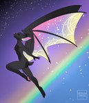 anthro black_body female grey_body membrane_(anatomy) membranous_wings narrowed_eyes nipples nude pink_nipples pink_wings purple_eyes purple_wings side_view solo wings yellow_wings tiggybloom bat mammal 2019 dated hi_res