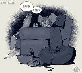 anthro balls bean_bag beverage beverage_bottle big_penis biped bottle bottomwear chips_(food) clothing collar container controller erection eyewear food footwear furniture game_controller genitals glasses hair huge_penis leash logo looking_at_viewer male on_sofa penis profanity round_glasses short_hair shorts socks soda soda_bottle sofa solo speech_bubble text vein veiny_penis boosterpang bennett_(boosterpang) mammal mouse murid murine rodent 2024 artist_logo black_and_white english_text japanese_text monochrome