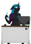 anthro black_body blue_eyes burnt_clothing computer desk electronics eyewear fangs female furniture glasses glowing magic solo table teeth turquoise_hair mixdaponies friendship_is_magic hasbro my_little_pony juniper_montage_(eg) arthropod changeling absurd_res hi_res