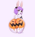 anthro anus backsack balls biped black_sclera butt eyebrows femboy genitals hair holidays looking_back male open_mouth perineum pumpkin_butt purple_hair rear_view solo tail faeyyaa halloween elisen_(tora_higa) lagomorph leporid mammal rabbit