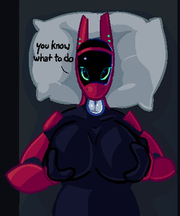 3_fingers anthro armor bedroom_eyes big_breasts black_body black_skin breasts countershading eyelashes female fingers green_eyes grey_background hands_covering_breasts hands_covering_nipples high-angle_view holding_breast looking_at_viewer lying lying_on_pillow multicolored_body narrowed_eyes naughty_face nude on_back pauldron pillow presenting presenting_breasts pressing_breasts_together protogen_visor red_body red_skin reverse_countershading seductive simple_background solo text tongue tongue_out toony two_tone_body white_tongue ada.tv cc0 creative_commons public_domain bevy_(ada.tv) synth_(vader-san) 2026 5:6 aliasing cel_shading digital_media_(artwork) english_text low_res shaded simple_shading nonbinary_(lore) trans_(lore) trans_woman_(lore)