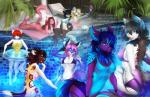 anthro bikini black_hair blonde_hair breasts brown_hair clothing detailed_background female fur group hair midriff navel pink_body pink_fur red_hair swimming_pool swimwear text two-piece_swimsuit water nitricacid arlinn casper_(mzin) ellie_blue jennie kittyflame saree canid canine felid fox mammal 2017 character_request digital_media_(artwork) url