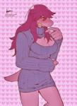 2019 anthro blush breasts cleavage cleavage_cutout clothed clothing cutout deltarune digital_media_(artwork) english_text female hair hi_res keyhole_turtleneck kosafordraw looking_at_viewer mammal non-mammal_breasts reptile scalie simple_background solo susie_(deltarune) sweater teeth text topwear turtleneck undertale_(series)