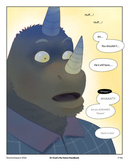 anthro argument blue_clothing blue_shirt blue_topwear border clothing dialogue eyebrows horn male open_mouth shirt shocked simple_background solo speech_bubble text topwear white_border wide_eyed yellow_background sharkinthepark mammal rhinoceros 2026 4:5 absurd_res comic english_text hi_res