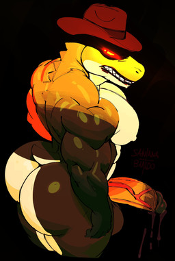 angry annoyed anthro barazoku biceps big_butt big_penis black_background blood blood_on_mouth bodily_fluids bubble_butt butt candy claws clenched_teeth clothing cowboy_hat dessert dripping erection food genital_fluids genitals glans glowing glowing_eyes hat hat_only headgear headgear_only headwear headwear_only humanoid_genitalia humanoid_penis male mostly_nude multicolored_body muscular muscular_anthro muscular_male narrowed_eyes nipples nude pecs penis precum precum_drip scales shadow shadow_face sharp_teeth short_tail simple_background solo spikes spikes_(anatomy) standing tail teeth thick_penis vein veiny_penis yellow_eyes freeposers_(artist) glitch_productions the_amazing_digital_circus evil_gummigoo_(tadc) gummigoo_(tadc) alligator alligatorid crocodilian food_creature living_candy reptile scalie absurd_res hi_res signature