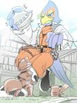 anthro macro male simple_background size_difference ufo 1boshi nintendo pokemon star_fox super_smash_bros. falco_lombardi fox_mccloud avian bird canid canine fox generation_1_pokemon mammal pikachu pokemon_(species) 3:4 crossover