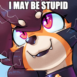 anthro brown_body collar dialogue female hair looking_up simple_background smile solo teeth text whiskers waffl3k4t waffl3sk4t alice_(waffl3sk4t) felid mammal pantherine tiger 2025 english_text headshot_portrait impact_(font) meme portrait