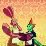 anthro book breasts clothed clothing duo female male reading reading_book hedgehodge cartoon_network chowder_(series) oskar_(2ndvoice) panini_(chowder) bovid caprine hybrid lagomorph leporid lizard mammal rabbit reptile scalie sheep 1:1 hi_res