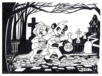 anthro barefoot bottomless bottomwear building cape clothed clothing duo fangs featureless_crotch feet fence logo male open_mouth open_smile outside pants plant smile teeth tombstone tree young young_anthro young_male pandapaco parinton bear giant_panda mammal species_request 2016 artist_logo dated monochrome signature
