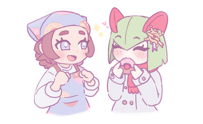 accessory apron blush clothed clothing dessert doughnut duo eating eyebrows eyelashes eyes_closed female food freckled_face freckles hair hair_accessory hair_ribbon happy headgear headkerchief headwear holding_object kerchief long_eyelashes open_mouth pastry ribbons scarf simple_background smile white_background gammainks nintendo pokemon pokemon_legends_z-a ansha_(pokemon) kim_(gammainks) generation_3_pokemon human humanoid kirlia mammal pokemon_(species) 2025 digital_media_(artwork)