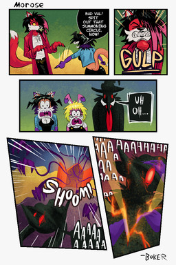 anarchy_symbol anthro black_bottomwear black_clothing black_hair black_pants black_speech_bubble blonde_hair blue_clothing blue_jacket blue_topwear bottomwear chest_wraps clothing dialogue ear_piercing female fur group gulp_(sound_effect) hair head_wings highlights_(coloring) industrial_piercing industrial_piercing_ladder jacket jewelry male multicolored_hair necklace necktie orange_body orange_fur overalls pants piercing pink_body pink_fur pink_highlights purple_body purple_fur red_body red_eyes red_fur red_necktie red_trenchcoat screaming swallowing text topwear two_tone_hair unusual_wing_placement white_body white_fur wings wraps boker hanged_man_(boker) laura_derose mary_(boker) val_(boker) bat-eared_fox canid canine canis demon fox lagomorph leporid mammal rabbit red_wolf wolf 2:3 artist_name comic english_text