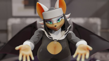 anthro bedroom_eyes big_breasts breasts cleavage clothed clothing female front_view fur gloves green_eyes handwear jewelry jewelrylooking_at_viewer narrowed_eyes necklace nun nun_outfit seductive smile smiling_at_viewer solo spread_wings tan_body wings crowdect warfaremachine_(modeler) sega sonic_the_hedgehog_(series) rouge_the_bat rouge_the_nun warfare_rouge bat humanoid mammal 16:9 3d_(artwork) digital_media_(artwork) hi_res widescreen