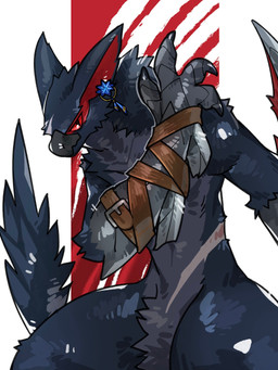 4_fingers abdominal_scar ambiguous_anthro ambiguous_gender anthro arm_belt beak bent_arm biped blue_body blue_fur claws crotch_tuft ear_piercing ear_ring featureless_crotch finger_claws fingers fur glistening glistening_eyes grey_beak iris looking_at_viewer mouth_closed multicolored_body no_sclera nude nude_ambiguous nude_anthro piercing pose pupils red_eyes red_inner_ear ring_piercing scar scuted_arms scutes slit_pupils solo standing tail tuft wiosvikulan capcom monster_hunter flying_wyvern nargacuga 2026 3:4 digital_drawing_(artwork) digital_media_(artwork) hi_res portrait shaded three-quarter_portrait