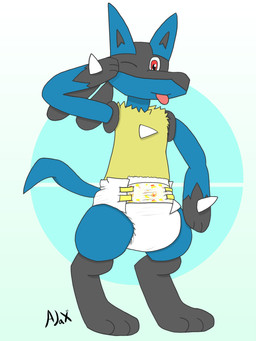 anthro blep clean_diaper clothed clothing diaper male padded solo tongue tongue_out wearing_diaper ajaaaax nintendo pokemon generation_4_pokemon lucario pokemon_(species) 3:4 absurd_res hi_res