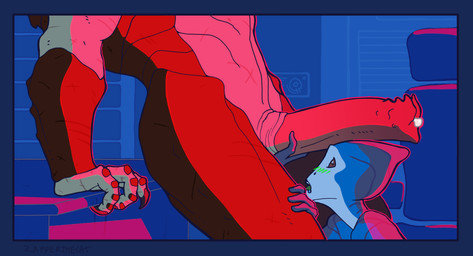 animal_genitalia big_penis blue_body blue_skin blush blush_lines bodily_fluids body_worship carapace chair claws desk drooling duo furniture genital_fluids genital_worship genitals green_flesh horizontal_pupils huge_penis kneeling krell_sulak_(anathema) leaking_precum lirum_selis_(anathema) male male/male muscular muscular_male natural_armor penile penis penis_on_face penis_worship precum pupils red_eyes red_lighting saliva scar scars_all_over sheath size_difference skinny table unusual_anatomy unusual_genitalia unusual_penis white_body white_skin zapperthecat bioware electronic_arts mass_effect alien krogan salarian absurd_res hi_res