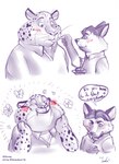 anthro big_cheeks blush chubby_cheeks clothing dialogue duo eating eyes_closed food male male/male overweight overweight_male shirt topwear gerardson disney zootopia benjamin_clawhauser gideon_grey canid canine cheetah felid feline fox mammal red_fox true_fox 2016 comic hi_res