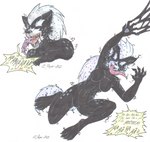 anthro black_border border breasts duo featureless_breasts featureless_crotch feet female female/female fur hair looking_at_viewer markings nude paws simple_background spots spotted_body spotted_fur text tongue tongue_out cougar_leon marvel autumn_williams hysteria_klyntar humanoid hyena mammal spotted_hyena symbiote werecreature werehyena 2021 traditional_media_(artwork)