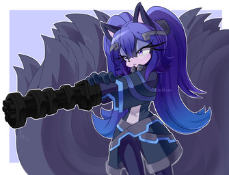 accessory anthro blue_hair clothed clothed_anthro clothed_female clothing dress female fully_clothed fully_clothed_anthro fully_clothed_female gatling_gun gloves gradient_hair gun gun_arm hair hair_accessory half-closed_eyes handwear machine_gun minigun multi_tail narrowed_eyes pigtails pointy_ears purple_eyes purple_hair ranged_weapon simple_background solo tail weapon weapon_arm txmie sega sonic_the_hedgehog_(series) kyuboha_the_kitsune canid canine fox mammal hi_res watermark