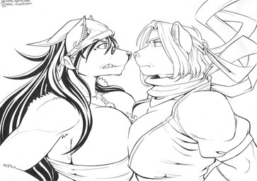 accessory angry anthro biceps big_breasts breast_squish breasts breasts_frottage challenge_accepted cleavage clothed clothing comparing comparing_breasts duo ear_piercing eye_contact face_to_face female hair headband huge_breasts jewelry kerchief long_hair looking_at_another muscular muscular_female necklace ninja piercing pirate rivalry simple_background skimpy squish standing text titfight warrior white_background max_blackrabbit hazel_weiss raven_hunt canid canine canis felid lion mammal pantherine wolf 2010 english_text meme monochrome pen_(artwork) signature traditional_media_(artwork)