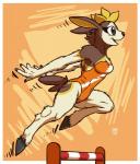 2019 4_fingers absurd_res anthro anthrofied athletic athletic_anthro athletic_female border breasts brown_body brown_fur clothed clothing deer deerling female fingers fur generation_5_pokemon hi_res hooves jumping leotard mammal megawolf77 multicolored_body multicolored_clothing nintendo open_mouth open_smile orange_clothing orange_leotard pokemon pokemon_(species) pokemorph side_view smile solo sports_leotard tongue two_tone_clothing white_border white_clothing winter_deerling