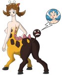 4_legs absurd_res after_transformation antennae_(anatomy) blue_eyes blue_hair blush body_part_transformation breasts brown_body brown_eyes brown_hair confusion conjoined digital_drawing_(artwork) digital_media_(artwork) duo embarrassed eyelashes female generation_2_pokemon girafarig giraffid hair hand_on_hip hi_res hooves humanoid_taur implied_transformation joyvell kris_(pokemon) long_neck looking_down_at_self lyra_(pokemon) mammal markings merging monster_girl_(genre) mouth_closed neck_spikes nintendo nipples nude open_mouth pigtails pokemon pokemon_(species) pokemon_taur prick_ears side_boob simple_background species_transformation spots spotted_body standing tail_transformation tan_body tan_skin taur transformation udtf what what_has_science_done white_background white_body white_skin yellow_body yellow_skin
