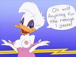 anthro areola bedroom_eyes blue_eyes breasts dialogue eyelashes eyeliner feathers female flashing flashing_breasts looking_at_viewer makeup narrowed_eyes nipples non-mammal_breasts open_mouth seductive solo talking_to_viewer text tongue white_body white_feathers billboi disney quack_pack daisy_duck anatid anseriform avian bird duck english_text