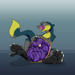 anthro belly big_belly big_feet black_hair blep bodily_fluids claws duo fangs feet fur green_eyes hair holding_belly horn hug hugging_another hugging_belly internal licking licking_lips male male/male male_pred male_prey narrowed_eyes oral oral_vore pawpads paws purple_body red_eyes saliva saliva_string same_size_vore simple_background sitting squeezing_belly tail tail_tuft teeth tight_belly tongue tongue_out tuft vore akudrache mythology brom_(sahurus) samagthra dragon mythological_creature mythological_scalie scalie sergal 1:1 absurd_res hi_res