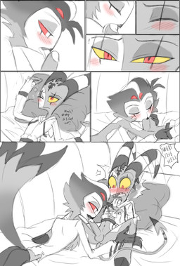 anthro anthro_penetrated balls blush bodily_fluids bottomless bottomless_humanoid bottomless_male bottomwear clothed clothing dialogue duo erection eyes_closed fellatio furniture genitals hair half-closed_eyes humanoid_genitalia humanoid_on_anthro humanoid_penetrating humanoid_penetrating_anthro humanoid_penis licking lying male male/male male_penetrated male_penetrating male_penetrating_male narrowed_eyes on_back on_front one_eye_closed open_mouth open_smile oral oral_penetration pants penetration penile penile_penetration penis penis_lick pillow red_eyes sex simple_background smile sofa speech_bubble spread_legs spreading sweat sweatdrop tail text tongue tongue_out topwear waking_up angelofhapiness hellaverse helluva_boss blitzo_(helluva_boss) stolas_(helluva_boss) avian bird demon humanoid imp owl owl_demon absurd_res comic digital_media_(artwork) english_text hi_res monochrome sketch