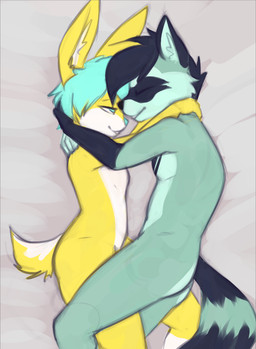 anthro bed cuddling duo furniture love male male/male nude marsminer lagomorph leporid mammal procyonid rabbit raccoon