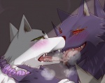 blush bodily_fluids breath duo fangs fur green_eyes jewelry male male/male messy necklace red_eyes saliva tears teeth tongue tongue_out reina_(artist) kekkaishi kouya_(kekkaishi) madarao_(kekkaishi) ayakashi canid canine canis domestic_dog ghost mammal spirit undead wolf