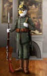 anthro armor bayonet beak biped clothed clothing front_view german german_empire gun headgear helmet knife male painting pickelhaube ranged_weapon red_eyes rifle scabbard solo standing uniform weapon world_war_1 ciirka kaiser_alexander accipitrid accipitriform avian bird eagle digital_media_(artwork) full-length_portrait portrait