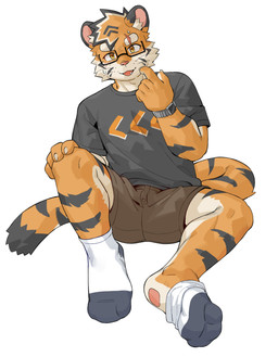 anthro bent_legs black_clothing black_markings black_shirt black_stripes black_topwear blush blush_lines bodily_fluids bottomwear brown_bottomwear brown_clothing brown_shorts cheek_tuft clothed clothed_male clothing cute_fangs eyebrow_scar eyebrows eyewear facial_scar facial_tuft fangs footwear front_view fully_clothed fully_clothed_male fur gesture glasses hand_gesture hand_on_knee hand_on_leg inner_ear_fluff kemono long_tail male male_anthro markings multicolored_body multicolored_fur open_mouth orange_body orange_fur pink_nose pointing pointing_at_self scar shirt shorts simple_background sitting socks solo spread_legs spreading striped_body striped_fur stripes sweat tail tan_body tan_fur teeth thick_eyebrows topwear tuft wearing_glasses whiskers white_background yellow_eyes joeyzliaotang felid mammal pantherine tiger absurd_res colored digital_drawing_(artwork) digital_media_(artwork) full-length_portrait hi_res portrait shaded