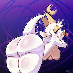 anthro bedroom_eyes big_breasts big_butt bottom_heavy breasts butt female hanging_breasts horn narrowed_eyes nude purple_eyes pussy_peek seductive solo tail thick_thighs tongue tongue_out tuft white_body wide_hips byocore chikn_nuggit mythology fwench_fwy_(chikn_nuggit) dragon mythological_creature mythological_scalie scalie absurd_res hi_res