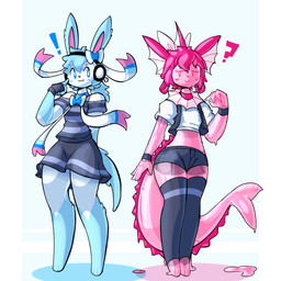 :3 alternate_species anthro clothed clothing crossdressing duo exclamation_point female male midriff question_mark simple_background translucent translucent_body white_background baronflint nintendo pokemon avalon_(baronflint) camelot_(baronflint) eeveelution generation_1_pokemon generation_6_pokemon pokemon_(species) shiny_pokemon sylveon vaporeon 1:1