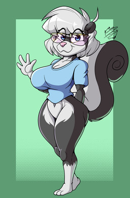 3_toes 4_fingers anthro big_breasts blue_background blue_clothing blue_shirt blue_topwear border bottomless bottomless_anthro bottomless_female breasts cleavage clothed clothing eye_through_hair eyewear feet female fingers fur gesture glasses gloves_(marking) green_border hair hand_behind_back leg_markings looking_at_viewer markings mouth_closed multicolored_body multicolored_fur shirt simple_background smile socks_(marking) solo standing tail thick_thighs toes topwear translucent translucent_hair two_tone_body two_tone_fur waving waving_at_viewer white_body white_border white_hair wide_eyed wide_hips reymonrr sabrina_online sabrina_(sabrina_online) mammal mephitid skunk absurd_res hi_res