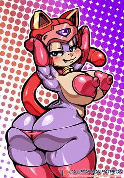 :3 anthro armor armwear bell big_breasts big_butt blue_eyes blush breasts butt clothed clothing collar curvy_figure elbow_gloves fangs female fur gloves half-closed_eyes halftone_background hands_behind_head handwear headgear heart_pasties heart_symbol helmet legs_together legwear looking_at_viewer narrowed_eyes nipple_outline pasties pattern_background pink_body pink_fur pink_nose shortstack shortstack_female simple_background smile snaggle_tooth solo standing teeth text thick_thighs thigh_highs thong underwear wide_hips lollipopcon samurai_pizza_cats polly_esther domestic_cat felid feline felis mammal 2019 halftone hi_res url