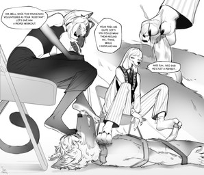 4_toes anthro balls barefoot bdsm bottomwear chair clothed clothed_anthro clothed_female clothing collar crop_top curling_toes dominant dominant_anthro dominant_female erection feet female foot_fetish foot_lick foot_on_face foot_on_neck foot_on_penis foot_play footjob furniture genitals group hindpaw humanoid_feet leash leashed_collar licking lying male male/female nude_anthro nude_male on_back pants paws penile penis plantigrade restrained restraints sex shirt simple_background sitting soles submissive submissive_anthro submissive_male text toes tongue tongue_out topwear trio white_background kinneru fiamma_(kinneru) jun_(kinneru) mats_(glasnir) canid canine canis domestic_cat domestic_dog felid feline felis mammal english_text hi_res
