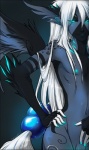 anthro bioluminescence black_border black_sclera blue_eyes border claws feathered_wings feathers femboy flaccid floating_wings genitals glowing glowing_claws glowing_eyes glowing_markings glowing_nipples glowing_tongue gradient_background hair long_hair male markings nipples nude penis simple_background smile solo standing tail tongue unusual_anatomy unusual_wings white_hair wings dagger_leonelli eros 2011 digital_media_(artwork) shaded signature